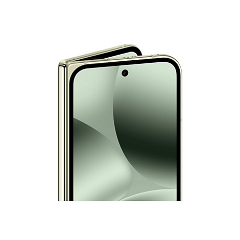 Hellgrünes, halb aufgeklapptes Smartphone vor weißem Hintergrund. Die Kamera ist mittig im Display platziert.