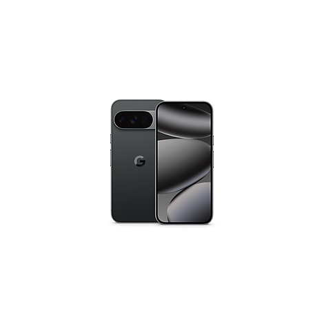 Ein schwarzes Smartphone mit zwei Ansichten: Rückseite mit Kamera-Modul, Vorderseite mit Bildschirm.