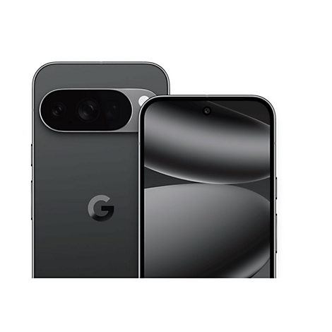 Zwei graue Smartphones, Vorder- und Rückseite, freigestellt. Rückseite mit Kameraleiste, Google-Logo. Vorderseite mit Bildschirm.