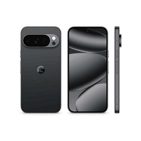 Drei Ansichten eines schwarzen Smartphones mit Kamera und Google-Logo. Links die Rückseite, Mitte die Vorderseite, rechts die Seite.