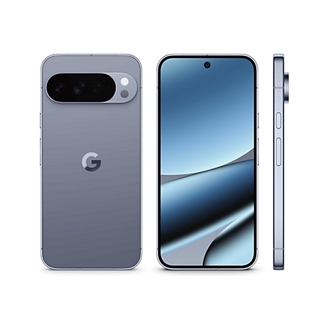 Drei Ansichten eines grauen Smartphones: Rückseite mit Kamera, Front mit Display, Seite mit Knöpfen.