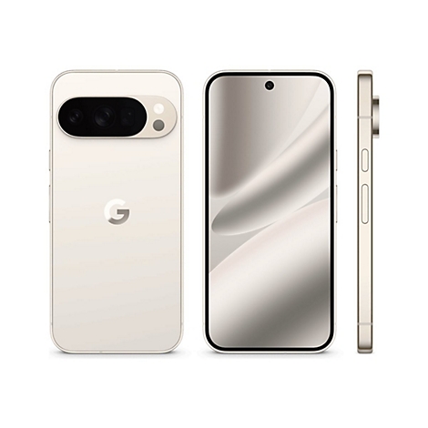 Drei Ansichten eines Smartphones in Beige. Vorder-, Rück- und Seitenansicht, alle auf weißem Hintergrund.