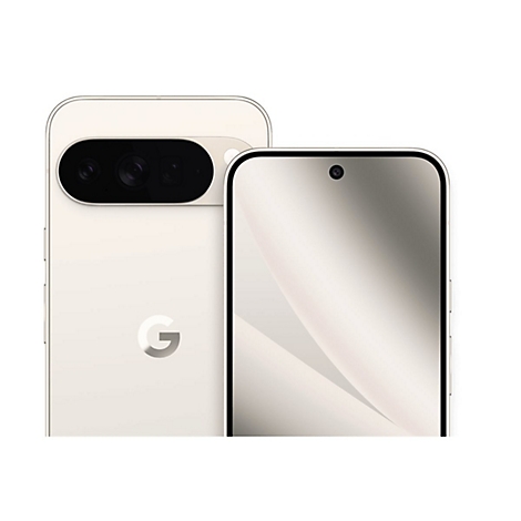 Zwei Handys in Creme-Weiß mit dem Google-Logo. Auf der Rückseite sind Kameraobjektive zu sehen, das Display ist hellgrau.