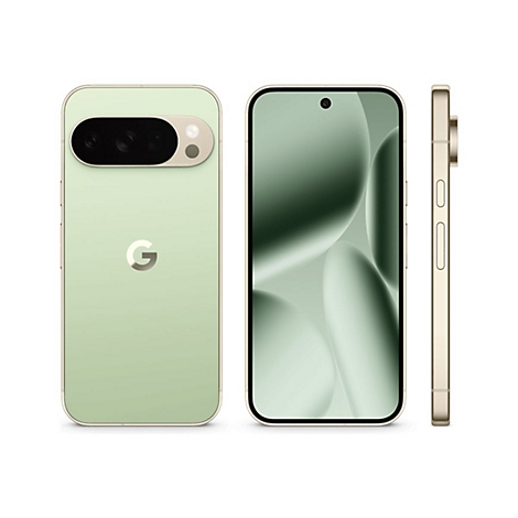 Hellgrünes Smartphone, Ansichten von Vorder-, Rück- und Seitenansicht. Rückseite mit Kamera-Modul, G-Logo. Goldfarbener Rahmen.