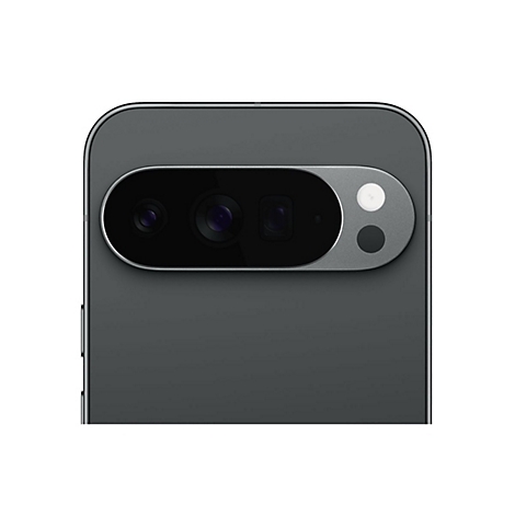 Nahaufnahme der Rückseite eines grauen Smartphones mit hervorgehobener Kameraleiste mit Linsen und Blitz.