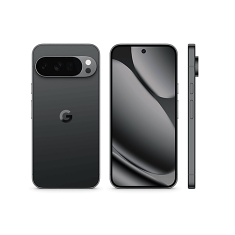 Draufsicht auf ein graues Smartphone, sowie die Vorder- und Seitenansicht. Auf der Rückseite ist das 'G' von Google.