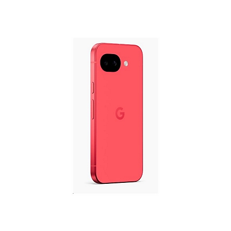 Rotes Smartphone mit Kamera und Google-Logo auf weißem Hintergrund.