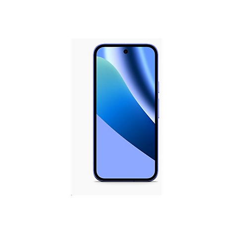 Blaues Smartphone vor weißem Hintergrund. Bildschirm mit Farbverlauf von Hell- zu Dunkelblau, Kamera-Loch.