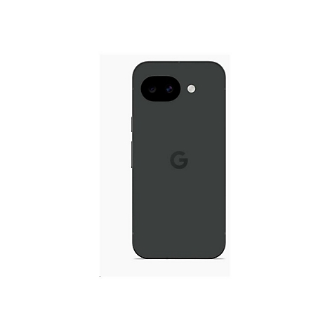 Dunkelgraues Smartphone-Rückseite mit zwei Kameralinsen, einem Blitzlicht und dem Google-Logo.