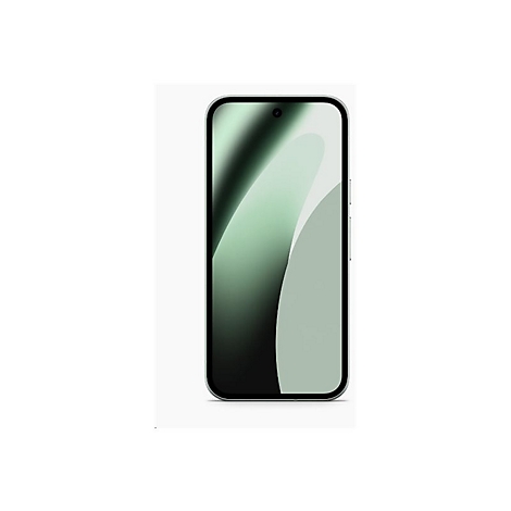 Smartphone, grün schattiertes Display mit Lochkamera, silberner Rahmen, weißer Hintergrund.