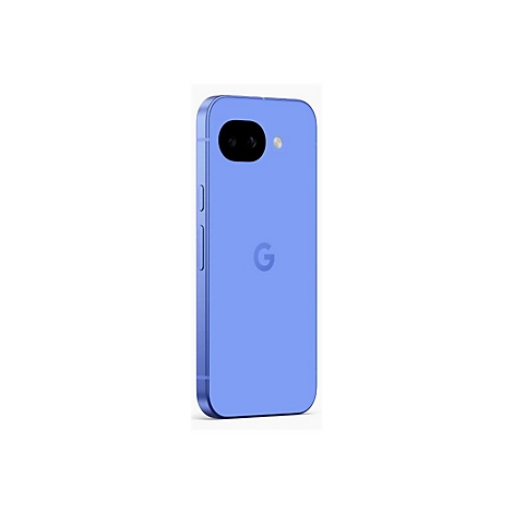 Blaues Smartphone auf weißem Hintergrund. Auf der Rückseite sind Kamera und Google-Logo zu sehen.