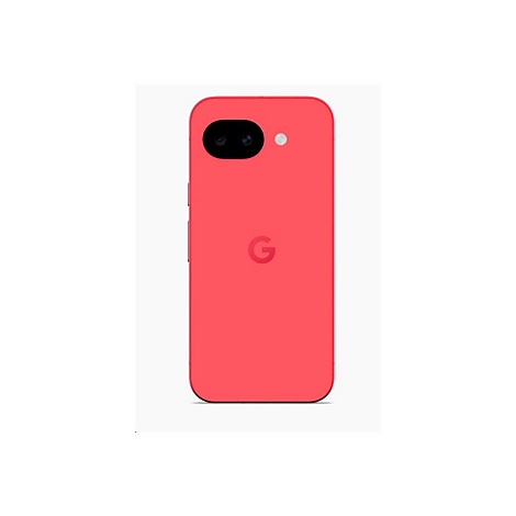 Rotes Smartphone mit zwei Kameras, Blitz und Google Logo. Auf weißem Hintergrund.