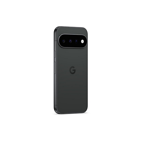 Rückseite eines schwarzen Google Pixel Smartphones mit horizontaler Kamera-Leiste auf weißem Hintergrund.