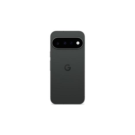 Rückseite eines schwarzen Google Pixel Smartphones mit horizontalem Kameramodul vor weißem Hintergrund.