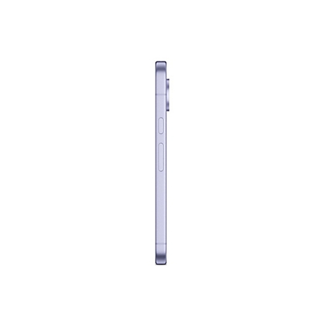 Seitliche Ansicht eines fliederfarbenen Smartphones auf weißem Hintergrund.