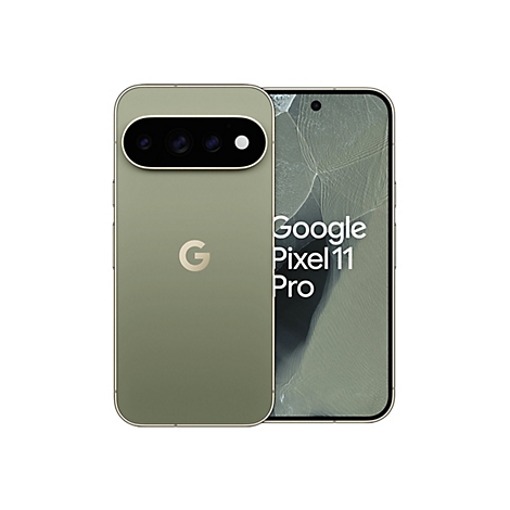 Olivenfarbenes Google Pixel 11 Pro Smartphone mit sichtbarer Rückseite und Display auf weißem Hintergrund.