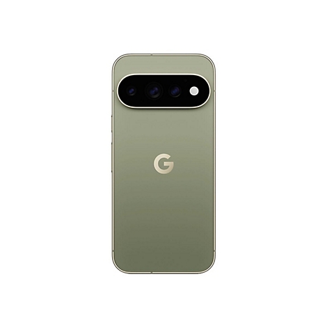 Rückseite eines oliven Google Pixel Smartphones mit hervorstehender Kameraeinheit und mittigem G-Logo.