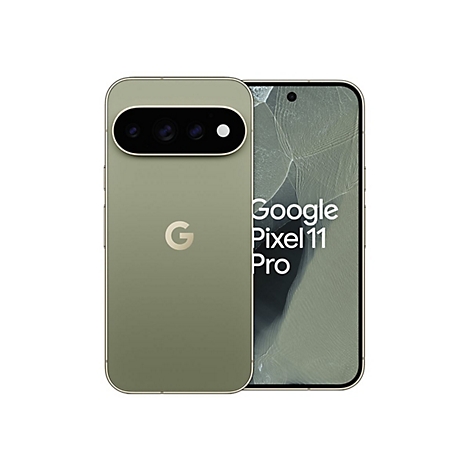 Google Pixel 11 Pro in Olivgrün, Vorder- und Rückseite vor weißem Hintergrund.
