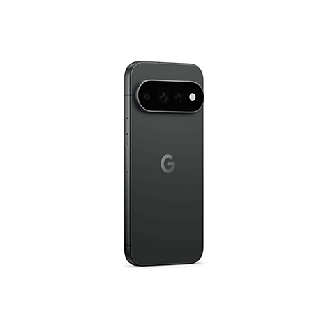 Schwarzes Google Pixel Smartphone von hinten mit markantem Kamera-Balken auf weißem Hintergrund.