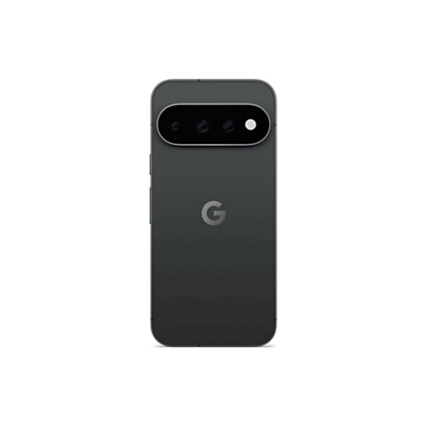Rückseite eines schwarzen Google Pixel Smartphones mit horizontalem Kameramodul und Google-G-Logo.
