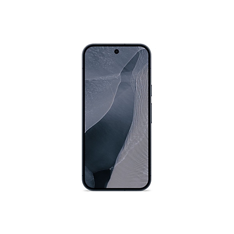 Dunkles Smartphone mit abstraktem, grauem Wellendesign auf dem Display vor weißem Hintergrund.