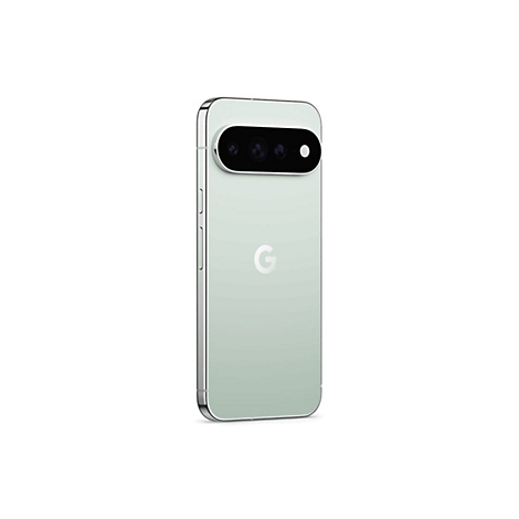 Helle mintgrüne Rückseite eines Google Pixel Smartphones mit Kameraleiste oben und mittigem G-Logo.