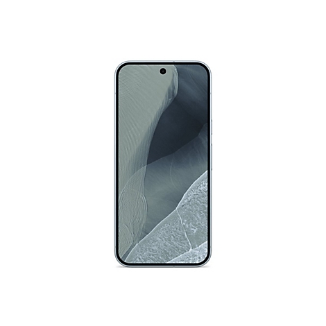 Ein modernes Smartphone mit dünnem Rahmen auf weißem Hintergrund und abstraktem grauen Hintergrundbild.