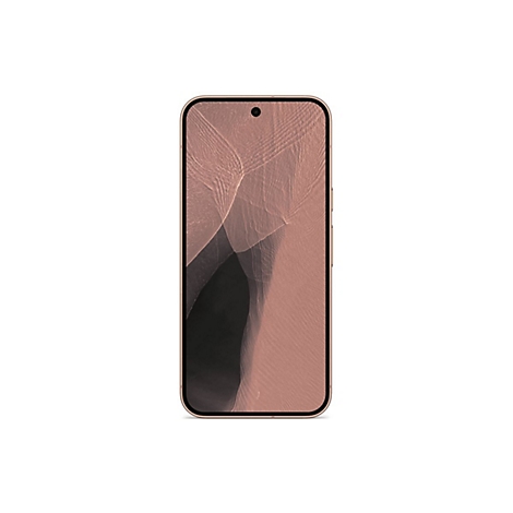 Modernes Smartphone mit kupferfarbenem Gehäuse und abstraktem Hintergrund auf weißem Grund.