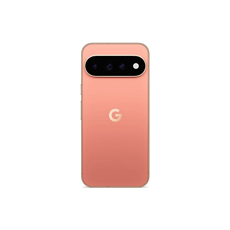 Rückseite eines rosafarbenen Google Pixel Smartphones mit Kameraleiste vor weißem Hintergrund.