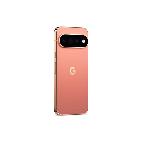 Rückseite eines rosafarbenen Google Pixel Smartphones mit Kameramodul vor weißem Hintergrund.