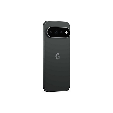 Rückseite eines schwarzen Google Pixel Smartphones mit horizontalem Kameramodul vor weißem Hintergrund.
