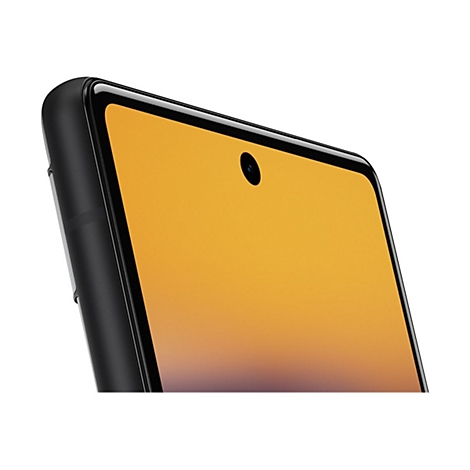 Nahaufnahme eines Smartphones: schwarzer Rahmen, gelber Bildschirm, schwarze Frontkamera.