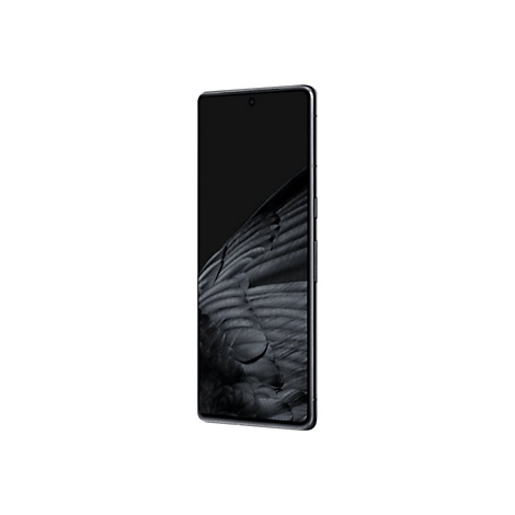 Schwarzes Smartphone mit dunklem, gefiedertem Bildschirmhintergrund in seitlicher Ansicht.