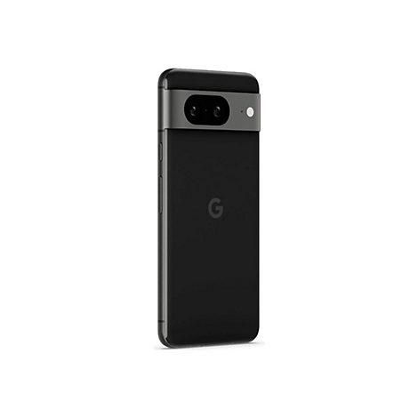 Schwarzes Smartphone, die Rückseite zeigt eine Dual-Kamera, das Google G Logo und seitliche Knöpfe.