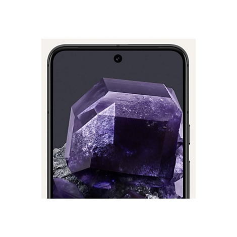 Nahaufnahme eines schwarzen Smartphones mit einem lila Kristallbildschirmhintergrund.