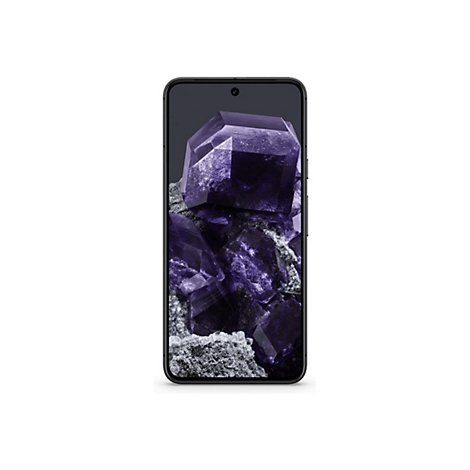 Smartphone, Display mit violetten Kristallen. Schwarzer Rahmen, abgerundete Ecken, Frontkamera.