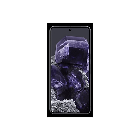 Smartphone zeigt lilafarbene Kristallformationen auf dem Display.