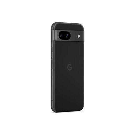 Ein schwarzes Google Pixel-Handy vor weißem Hintergrund. Auf der Rückseite ist das Google-Logo zu sehen.