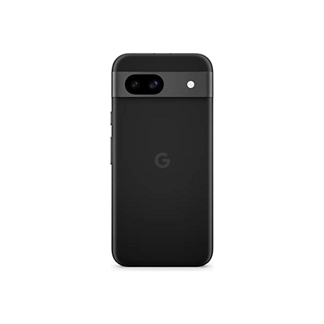 Ein schwarzes Google-Handy, Rückseite. Obere Hälfte: Doppelkamera, Blitz, grauer Streifen. Unterhalb: Google-Logo.