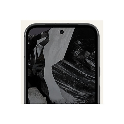 Nahaufnahme eines schwarzen Smartphones mit einem Bildschirm, der ein abstraktes Schwarz-Weiß-Muster zeigt, sowie die Frontkamera.