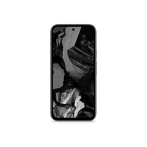 Smartphone, graues Gehäuse, zeigt eine Schwarz-Weiß-Landschaft. Kamerabohrung oben. Abgerundete Ecken.