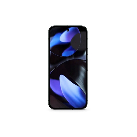 Schwarzes Smartphone mit einem blauen, abstrakten Hintergrund, vor weißem Hintergrund.