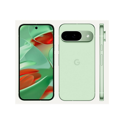 Hellgrünes Smartphone von Google in verschiedenen Ansichten. Auf der Vorderseite ist ein Bildschirm mit grün-rotem Hintergrund, auf der Rückseite das Google-Logo.