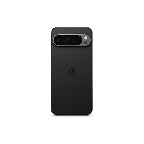 Schwarzes Smartphone mit Google Logo auf weißem Hintergrund. Dual-Kamera-Design.