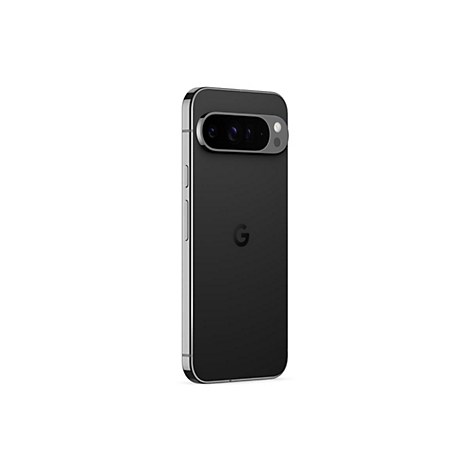 Schwarzes Smartphone mit Kamera und Google-Logo auf weißem Hintergrund.