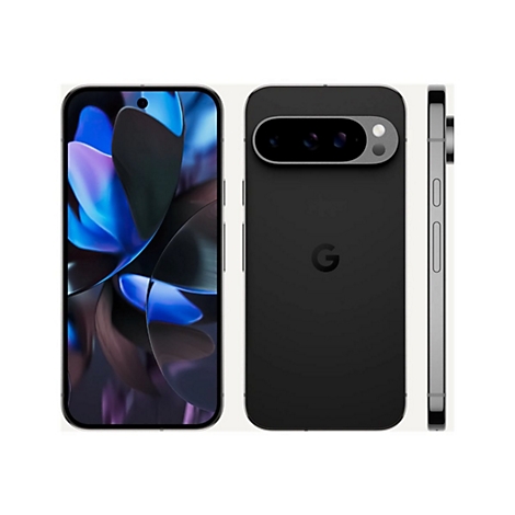 Drei Ansichten eines schwarzen Smartphones: Vorder-, Rück- und Seitenansicht. Auf dem Display ist ein abstraktes, blau-weißes Muster zu sehen.