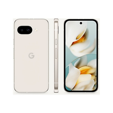 Smartphone-Ansichten: Vorder-, Rück- und Seitenansicht. Das Smartphone ist beige, zeigt das Google-Logo und ein abstraktes Blumen-Design auf dem Display.