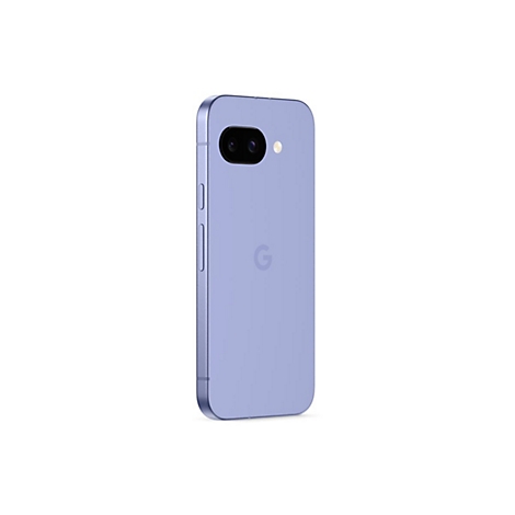 Hellblaues Smartphone vor weißem Hintergrund. Rückseite mit Kamera, Logo und Knöpfen.
