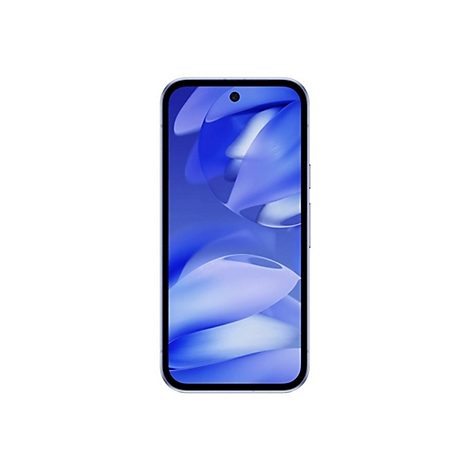 Smartphone mit blauem Display, auf weißem Hintergrund.