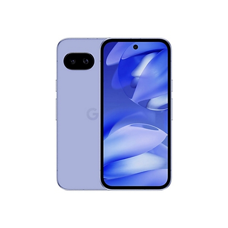 Hellblaues Smartphone, Vorder- und Rückseite, mit zwei Kameras und Google-Logo.